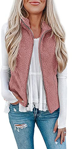 Raphin Damen Mantel Winter Casual Leicht Ärmellos Damen Weste Einfarbig Elegant Mode Weste Damen Fell(Light Rose,S)