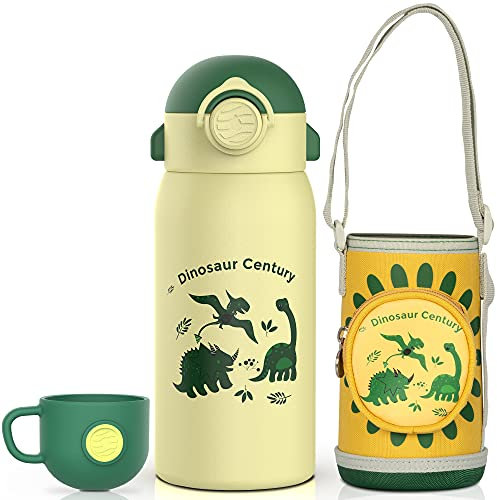 Fjbottle Borraccia Termica per bambini con cannuccia 600ml + 2 Tappo + Zaino, 100% senza BPA Borraccia acciaio inox, bottiglia da viaggio per scuola, campeggio