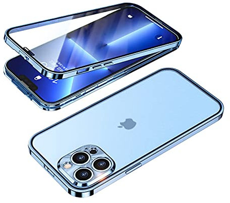 Schnallen-Installation iPhone 14 Pro Hülle 360 ° Vollaluminium-Stoßfänger mit Schloss, gehärtetes Glas, stoßfest, durchscheinende Rückwand, doppelseitiger Schutz (iPhone 14Pro, blau)