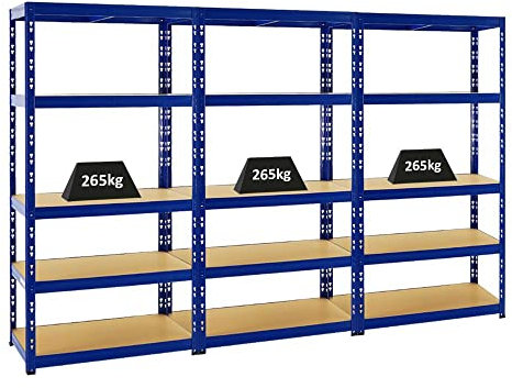 Spar Deal | 3er Set Schwerlastregal Tiger Blau | HxBxT 180x90x45 cm | Fachlast 265kg Kellerregal Lagerregal Metallregal