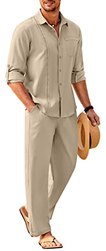 COOFANDY Herren-Leinen-Set, 2-teilig, langärmelig, Knopfleiste, kubanisches Hemd und Hose, Set für Sommer, Strand, Outfit
