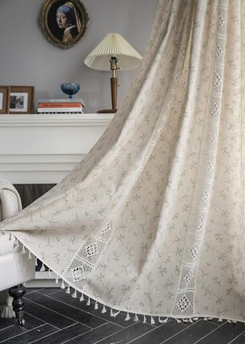 iyoimono Boho Vorhänge 2er Set Beige Blumen Vintage Vorhänge Landhausstil Häkeln Stricken Gardinen,Baumwolle Leinen Quaste Transluzente Verdunklung für Küche Wohnzimmer Schlafzimmer,B150×H160cm