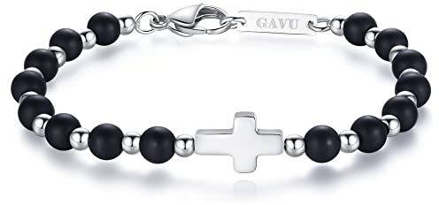 GAVU Herren Geschenk Perlen Armband aus Mattem Onyx mit Kreuz Charm Größe M