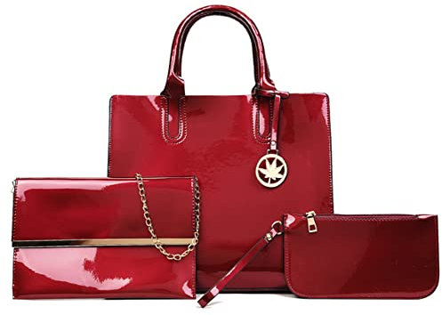 ELMAIN Aktentasche aus Lackleder, helles Leder, Damen, Business-Tasche, 3-teiliges Set, einzelne Schultertasche, tragbar, große Kapazität, rot