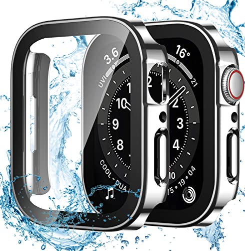 Dirrelo 2 Stück Schutzhülle für Apple Watch Series SE/6/5/4 44mm Hülle mit Panzerglas Displayschutz, Wasserdicht Hart PC Flache Kante Case, Hochempfindliche Schutzfolie für iWatch, 2Silber