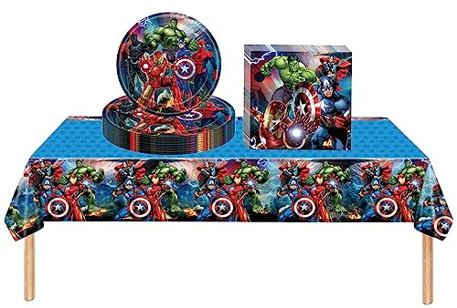 Marvel Avengers S-uperhero Party Tableware Disposable Set,37P Captain America S-uper Hero Party Decorations Plastic Table Cloth,Paper Plates Napkins for Kids Boys Birthday Marvel Parties Supplies