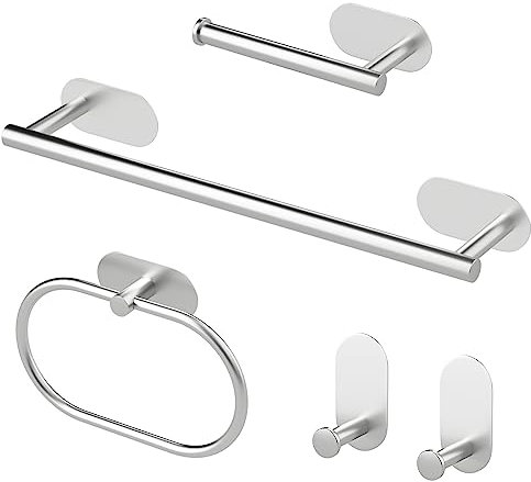 CORYIN Bathroom Hardware Set 5 PCS Stainless Steel Towel Racks Heavy Duty Wall Mounted Towel Bar Toilet Paper Holder Towel Ring Robe Towel Hook Self Adhesive Bathroom Accessories Set, Silver