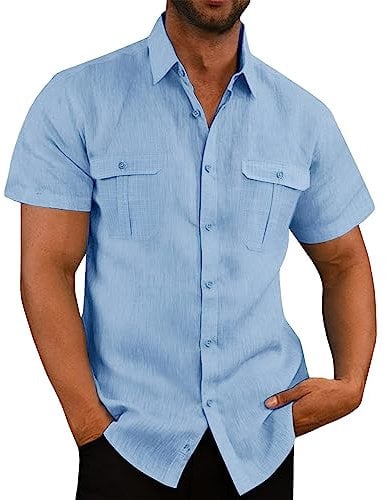 VUIOYRG Stretch Short Sleeve Shirt with Pockets,Men's Summer Cotton Button Down Casual Shirts,Plain Regular Fit Casual Business Shirt, Lightweight Beach Tops (Light Blue,2XL)