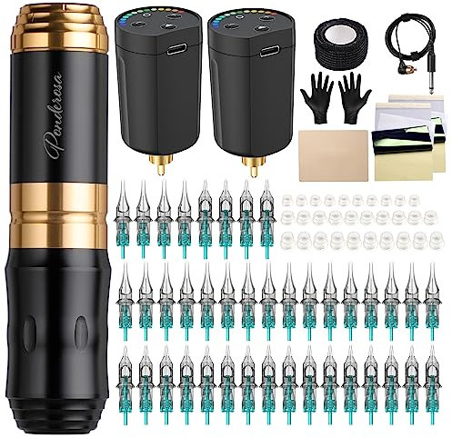 STIGMA Wireless Tattoo Maschine Set Rotary Tattoo Pen Set Komplettes Tattoo Kit mit 2 Stück Batterien 40 Stück Patronen Nadeln für Anfänger und Tätowierer (Golden)