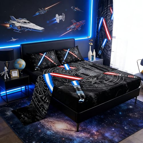 Lightsaber Bed Sheets Twin Size 3D Neon Blue Red Bedding Set 3Pcs Geometric Sun Moon Round Sheet Set for Kids Boys Girls Teens Room Decor Fashion Vintage Stone Wall Fitted + Flat Sheet,Black