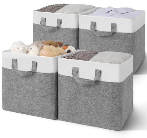 GRANNY SAYS Aufbewahrungswürfel aus Stoff, 4 Stück Aufbewahrungsboxen mit Metallrahmen, Kallax Regal Einsätze, Dröna Regalkörbe für Kinderzimmer Organisieren, Stoffboxen 30x30x30 cm, Grau/Weiß