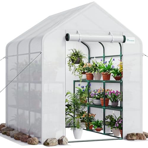 YITAHOME Gewächshaus XXL, 3 Ebenen 18 Regale, PE-Abdeckung mit Reißverschlusstür, Pflanzenabdeckung, Wetterfest und UV-Schutz mit Erdankern und Seilen für Garten Outdoor, 195x214x143cm, Weiß