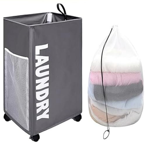 75L Large Laundry Basket with Wheels, Collapsible Washing Basket Grey Laundry Bin with Removable Mesh Bag Waterproof Laundry Hamper for Storage Clothes Toys in Bedroom Bathroom