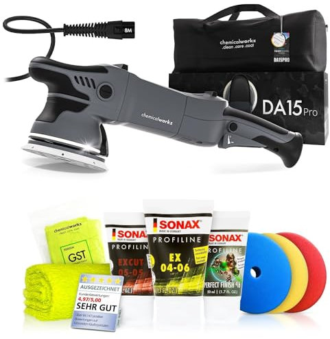 Poliermaschinen Set: chemicalworkz DA15 Pro Exzenter Poliermaschine + Sonax Politurset + Royal Pads Premium Polierpads - Auto Politur, Lack polieren, Kratzer entfernen, Aufbereitung | 8-tlg.