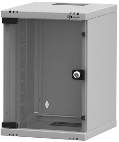 hb-digital Netzwerkschrank 10 Zoll 9HE Wandmontage mit Glastür - Sichttür Schloss Wandgehäuse für EDV Router Patchpanel - Traglast 30kg robust - Tiefe 300mm abschließbar mit Lüftung Unmontiert Grau
