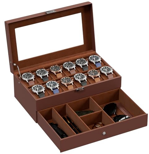 ProCase Uhrenbox mit 12 Fächern, Uhrenkasten mit Glasdeckel, 2 Ebenen, Uhrenkoffer mit herausnehmbaren Uhrenkissen Uhrenschatulle für Schmuck, Ringe, Armbänder und Halsketten -Espresso