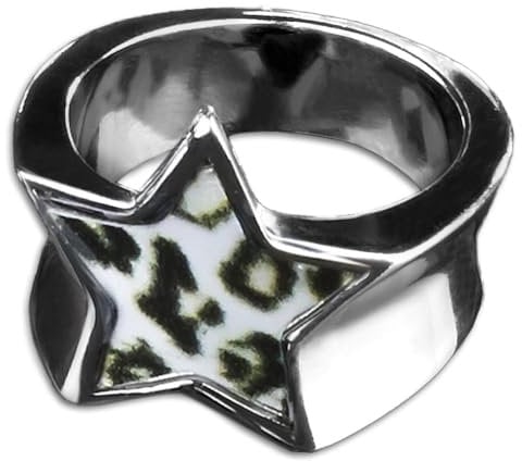 viva-adorno Edelstahl Damen Ring Stern Buntes Motiv Animal Print Muster Fingerring Rockabilly RS46, Leo weiß Gr. 59