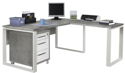 Composad | Scrivania Angolare e Cassettiera con 3 Cassetti e Serratura della Linea Disegno, Set di 2 Mobili per Ufficio, (LxAxP) 170x74,50x80+90 cm, Grigio Cemento e Bianco Laccato, Made in Italy
