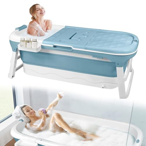 Suusolny Badewanne Erwachsene Faltbare Bathtub 148 x 62 x 53 cm für kleines Badezimmer mit Abnehmbare Abdeckung & Seifenkorb & Massagerollen aus robuster Kunststoff Blau