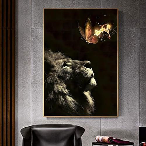 Lion et Papillon Affiche Animal Modernes Toile Tableau Art Peintures Decoration Murale pour Salon Chambre Tableau Decoration, sans Cadre (40X60CM)