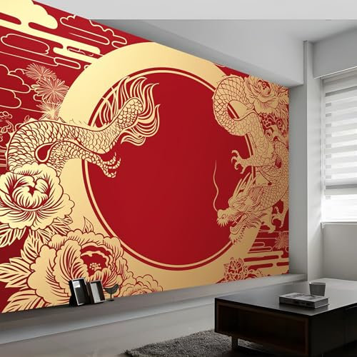 3D Panoramic Custom Wallpaper Mural, Chinese Retro Dragon Paper-Cut Pattern Photo Wallpaper, Red Wallpaper Mural, 350 x 256 cm (WxH) 3D Effect Wall Sticker Poster Decoration