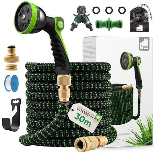 Fepro® Flexibler Gartenschlauch mit 10 Funktion max.30m Premium, Wasserschlauch flexibel mit 3-Fach Latexkern inkl. Vollmessing Adapter für 1/2' 3/4' Zoll, Tasche, 2-Wege Ventil und Wandhalterung