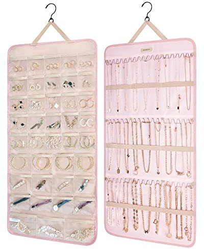 bagsmart Schmuck-Organizer zum Aufhängen, Aufbewahrungsrolle mit Aufhänger, Metallhaken, doppelseitiger Schmuckhalter für Ohrringe, Halsketten, Ringe an Schrank, Wand, Tür, 1 Stück, Groß Rosa