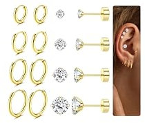 JeweBella 8 Paar Ohrringe Gold Silber Set für Damen Hypoallergen Piercing Ohr Chirurgenstahl Ohrringe Vergoldet 14K Medizinische Ohrstecker Gold Creolen Set Helix Knorpel Piercings für Frauen Männer