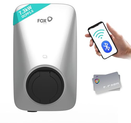 FoxESS Typ 2 Schuko EV Ladegerät 32A 7.3KW mit RFID, WiFi, OCPP, 230V Wallbox, einphasig einstellbarem Strom und Startzei, Silber(ohne Ladekabel)