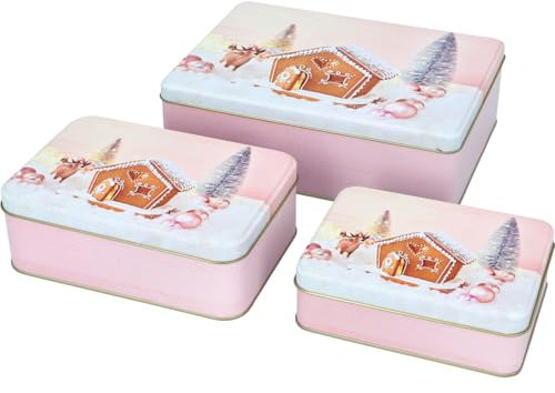 Birkmann, Gebäckdosen-Set Shiny House, eckig, 3-teilig, rosa, Weihnachten, Weißblech, Zum Frischhalten und Aufbewahren von Gebäck, 433793