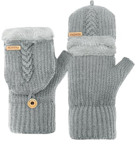 lifwimner Fingerlose Handschuhe Herren, Winter Touchscreen Handschuhe Thermo, Fleece Halbfinger Strickhandschuhe für Freizeit Sport Radfahren Eingabe (Hellgrau)
