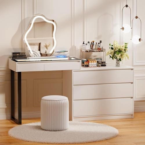 BROTTAR Eck Schminktisch mit Spiegel Beleuchtung, Vanity mit Steckdosenleiste, Frisiertisch mit 5 Schubladen, Make up Tisch L-Form ändern, Schminktische mit Glasplatte Weiß