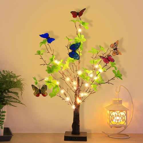 LED Baum Lichter 42 Warmweiß LEDs mit Blättern, Frühlingsdeko Lichterbaum Künstlichen Baum Zimmer Deko Indirekte Beleuchtung USB/Batteriebetrieben, Lichterkette Innen Lampe für Deko Wohnzimmer (B)