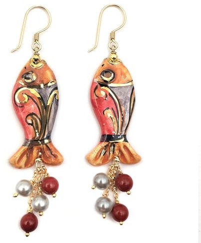 MARARDI Ohrringe Damen Italienische Keramik aus Caltagirone [Pesce Rosso] Lange Handmade Italienischer Schmuck Elegant Originale für Alltag Events Hochzeiten besondere Anlässe