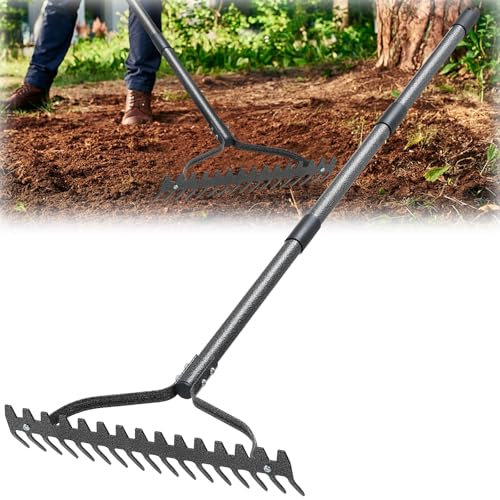 Gartenrechen robust, 17 Zinken, Metall-Bügelrechen mit 160 cm verstellbarem Griff, Landschafts-Hofrechen für Rasen, Nivellierung, Lockerung des Bodens, Verteilen von Mulch, Räumung von Blättern