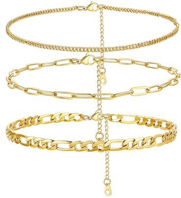 PROSTEEL 3pcs Bracelets de Cheville Plaqué Or 14K pour Femme à Chaîne Gourmette de 1,8mm Chaîne Trombone de 3mm et Chaîne Figaro de 4mm Chaînes Cheville Ajustable de 22+5cm