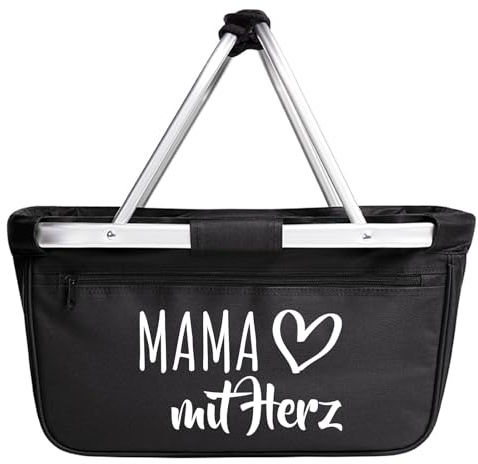 Huuraa Einkaufskorb Mama mit Herz Geschenk | Schön als Picknick Korb oder Shopper 20 Liter Black faltbarer Tragekorb Schwarz Geschenkidee Einkaufstasche Aluminium Griff