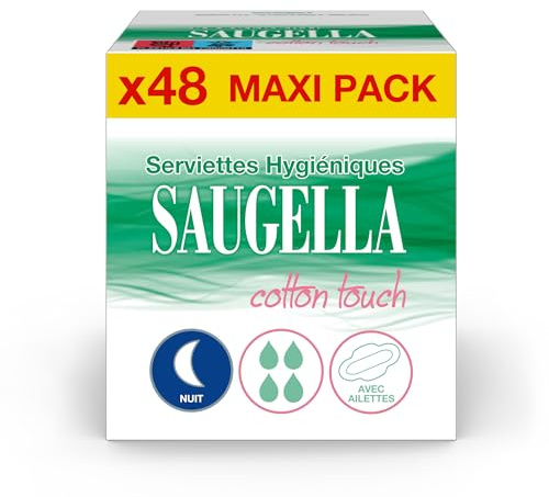 Saugella - Cotton Touch Nuit - Serviettes Hygiéniques - Très Absorbantes – Extra-fines - Hypoallergéniques Avec Ailettes - Anti-Odeurs - 48 Serviettes - Lot De 4x12