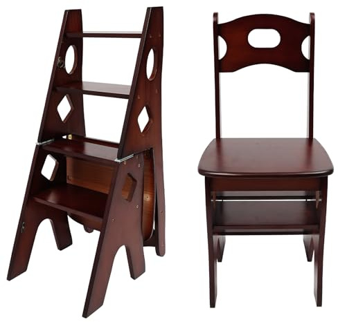 Apriltop 4 Stufige Trittleiter Klappbar, Bibliotheksstuhl Holz, Tragfähigkeit 100 Kg, Innen und Außenbereich, 2 in 1 Leiter und Stuhl, für Wohnzimmer, Esszimmer, Schlafzimmer (Walnussfarbe)