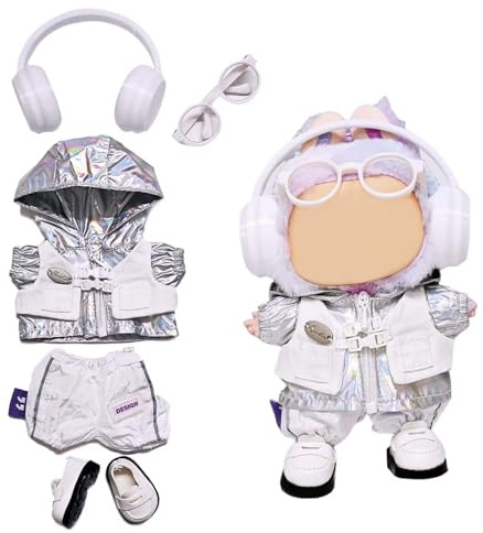 5pcs Puppentücher für Labubu 15cm 17cm Outfit Kleidung Set und Zubehör für Labubu Schuhe, Hosen, Silber Zweiteiliger Windbreaker, weißer Kopfhörer und Brille (Keine Puppe)