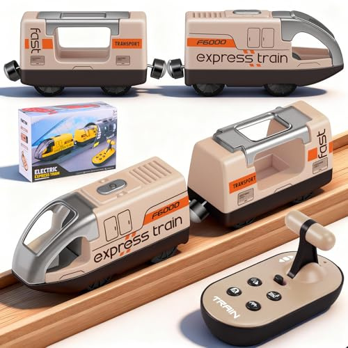 Starvortex Eisenbahn Kinder Elektrisch, Batteriebetriebene Holzeisenbahn Elektrische Lok Kompatibel mit Brio Eisenbahn, Zug Spielzeug, Holzeisenbahn Zug Kinder für Brio Thomas Holz Weihnachten（Braun）