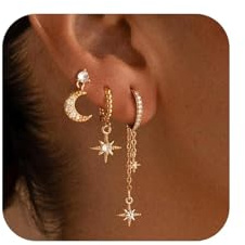 Gold Ohrringe Set Damen Mond und Sterne Ohrstecker Vergoldete Kleine Ohrringe für Mehrere Ohrlöcher Mini Ohrstecker Set für 2. und 3. Ohrloch Piercing