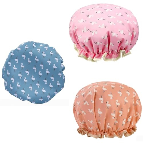 3-Pack Shower Cap Kids, Waterproof Shower Caps for Adults and Kids, Double Layer Reusable Bath Cap with Mesh Outer and EVA Inner for Hair Protection