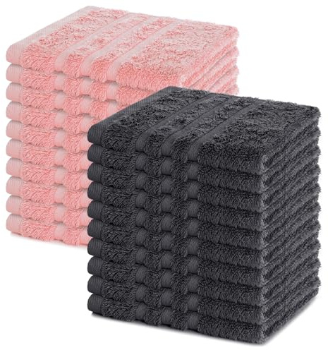Lavea® Seiftuch 20er Set 30x30 cm, Anthrazit & Pastellrosa | 100% Baumwolle, hochwertige Seiftücher und Gästehandtücher, saugstark, waschbar und strapazierfähig – Frottierserie Elena