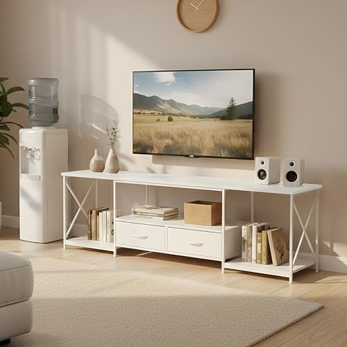 Warmiehomy TV Stand Cabinet White TV Unit with 2 Drawers 160X40X53cm | Warmiehomy TV Unit 160CM with 2 Drawers TV Bench with Open Storage Shelves TV Table Industrial TV Cabinets for Living Room
