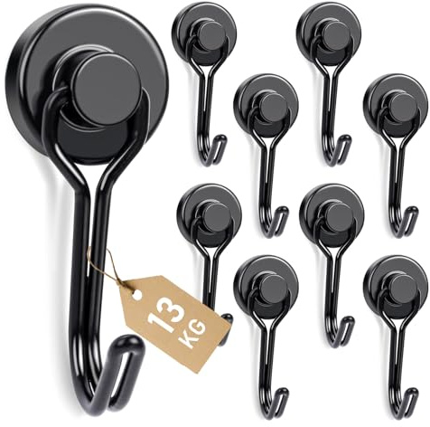 NogmeTaa Ganchos magnéticos Swing de 13 kg, extra fuertes, ganchos magnéticos para cruceros y camping, imanes de neodimio negro con gancho para nevera, cocina, garaje, oficina, aula y barbacoa (20 mm