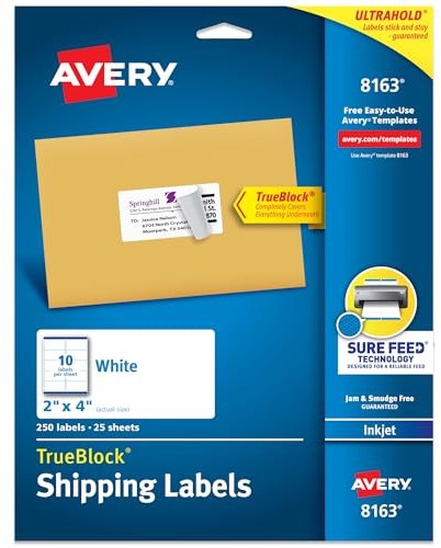 Avery Printable Shipping Labels with Sure Feed, 2 x 4 Customizable Stickers, White, 250 Blank Mailing Labels, Great for Mailing, Shipping, and More (8163)