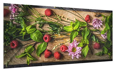 Spritzschutz Glas - Blumen Himbeeren Minze - Quer 1:2, HxB: 40cm x 80cm