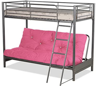 Humza Amani Futon Bunk Bed – Silver Metal Frame with Pink Futon Mattress – 3FT Top Bunk & 4FT6 Convertible Sofa Bed – Compact, Stylish Solution for Spare Rooms & Apartments