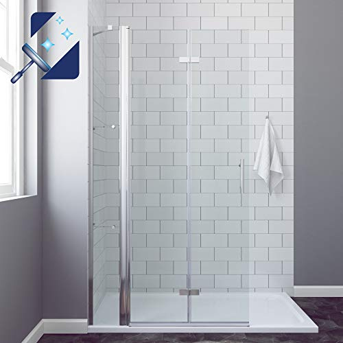 AQUABATOS® 105 x 195 cm Faltbare Walk in Dusche 6mm ESG Duschwand Glas Duschabtrennung Duschtrennwand Glastrennwand Glaswand mit Nano Beschichtung, Drehfalttür mit Festteil und 2 Acryl Eckregalen